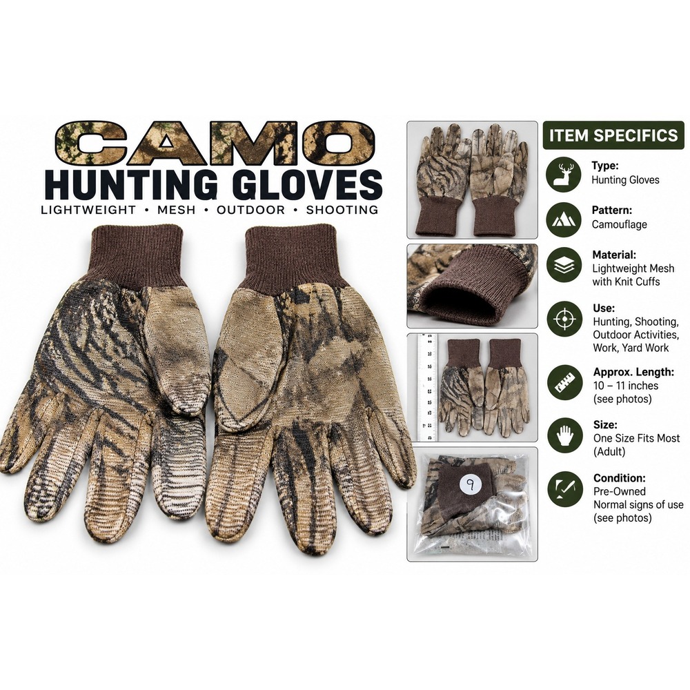 Camo Hunting Gloves Lightweight Mesh Outdoor Shooting One Size Fits Most Brown